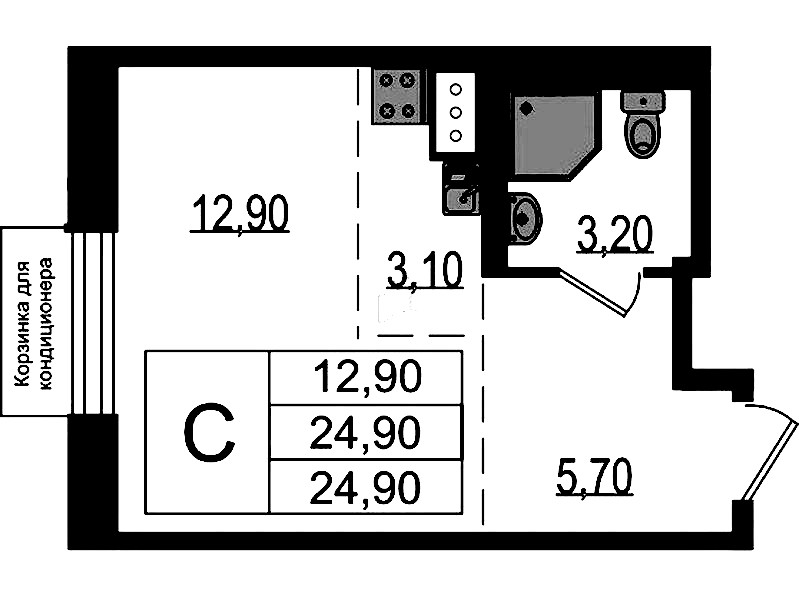 Квартира студия 24.9 м², 9/9 эт., ЖК «Курортный квартал»